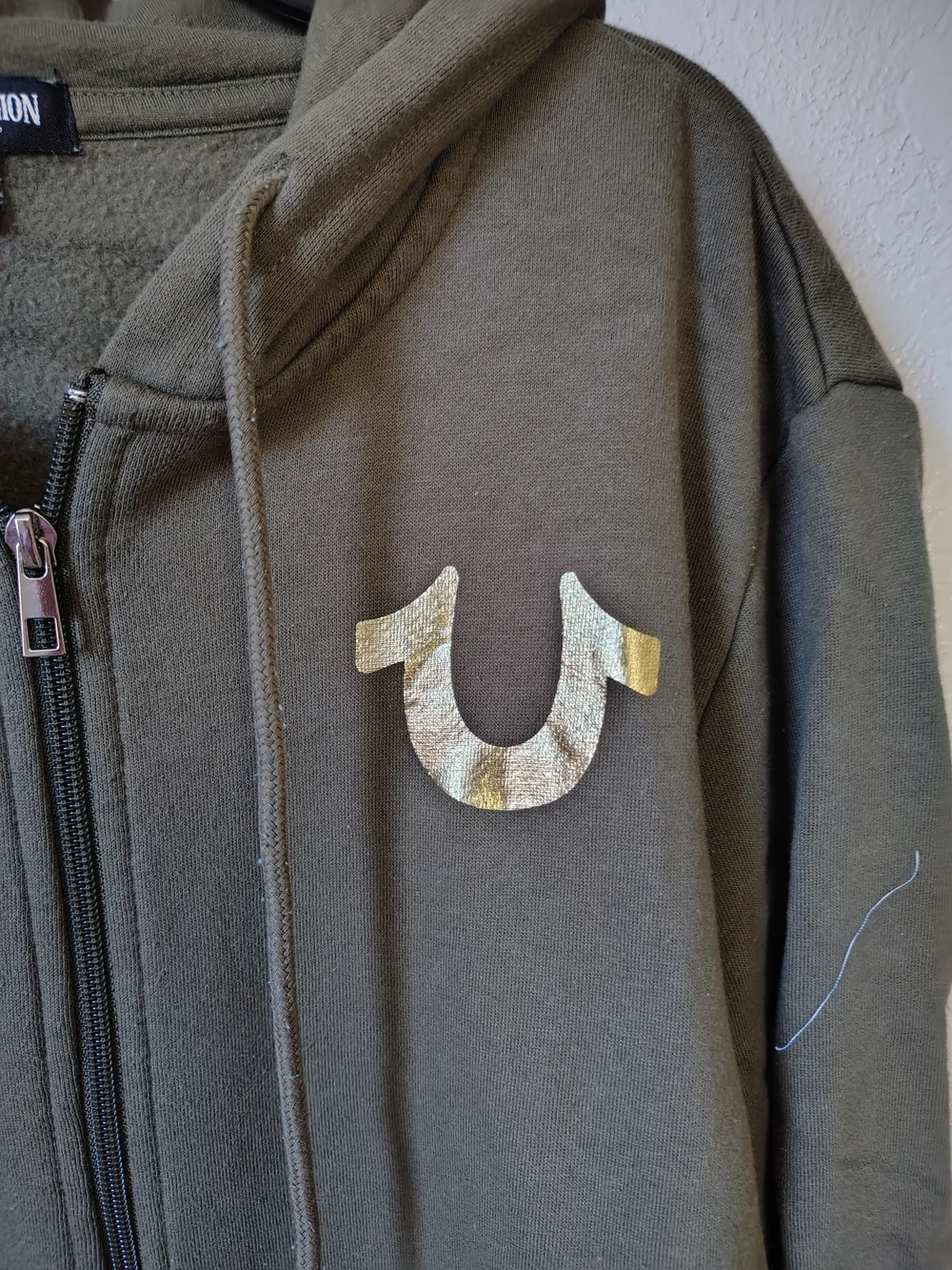 True Religion Olive Zip Hoodie with Gold Horseshoe